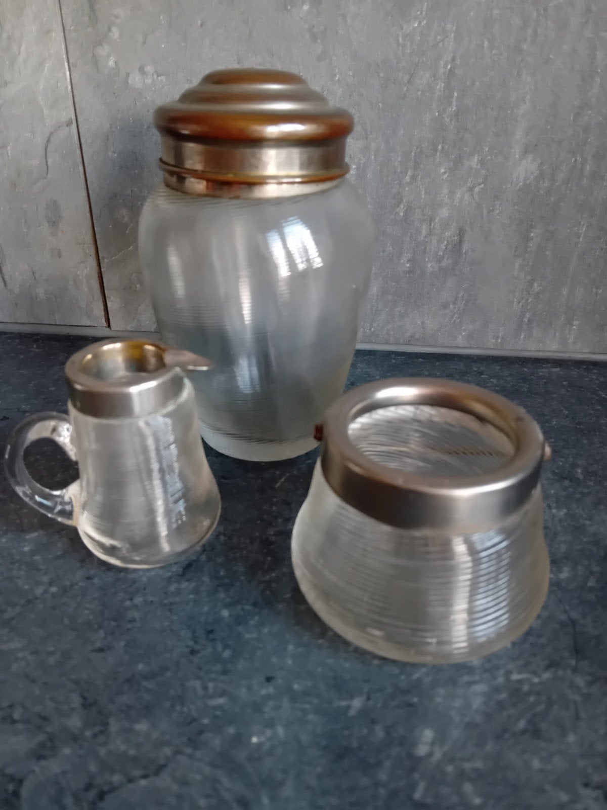 Vintage glazen set: suikerpot, melkkannetje en pot, Ophalen of Verzenden