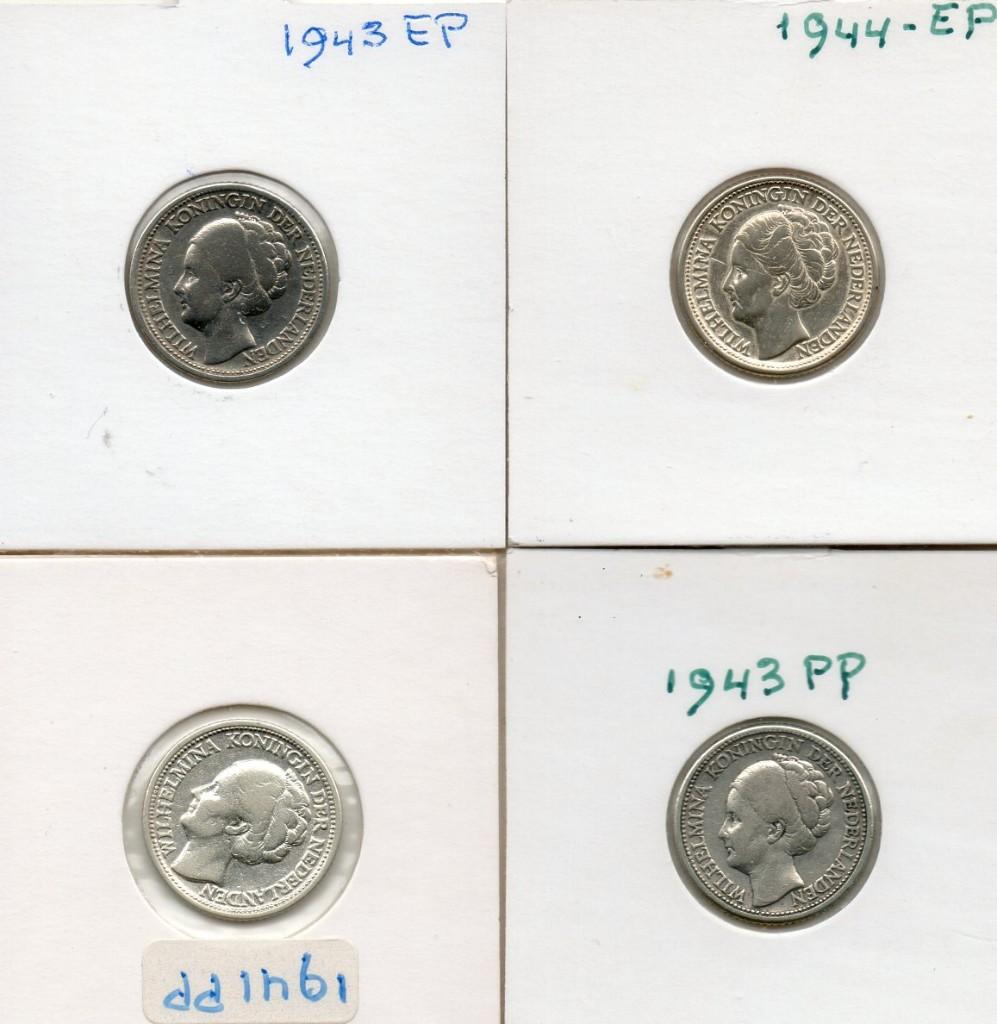 WILHELMINA 4 KWARTJES 1943EP-1944EP-1941PP-1943 PP ZILVER, Setje, Zilver, 25 cent, Ophalen of Verzenden