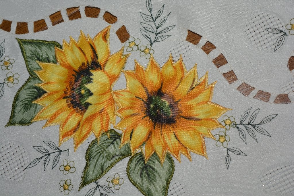 mooi vierkant damasten kleedje met zonnebloemen, Met decoratie, Damast, Beige, Tafelkleed of Tafelzeil