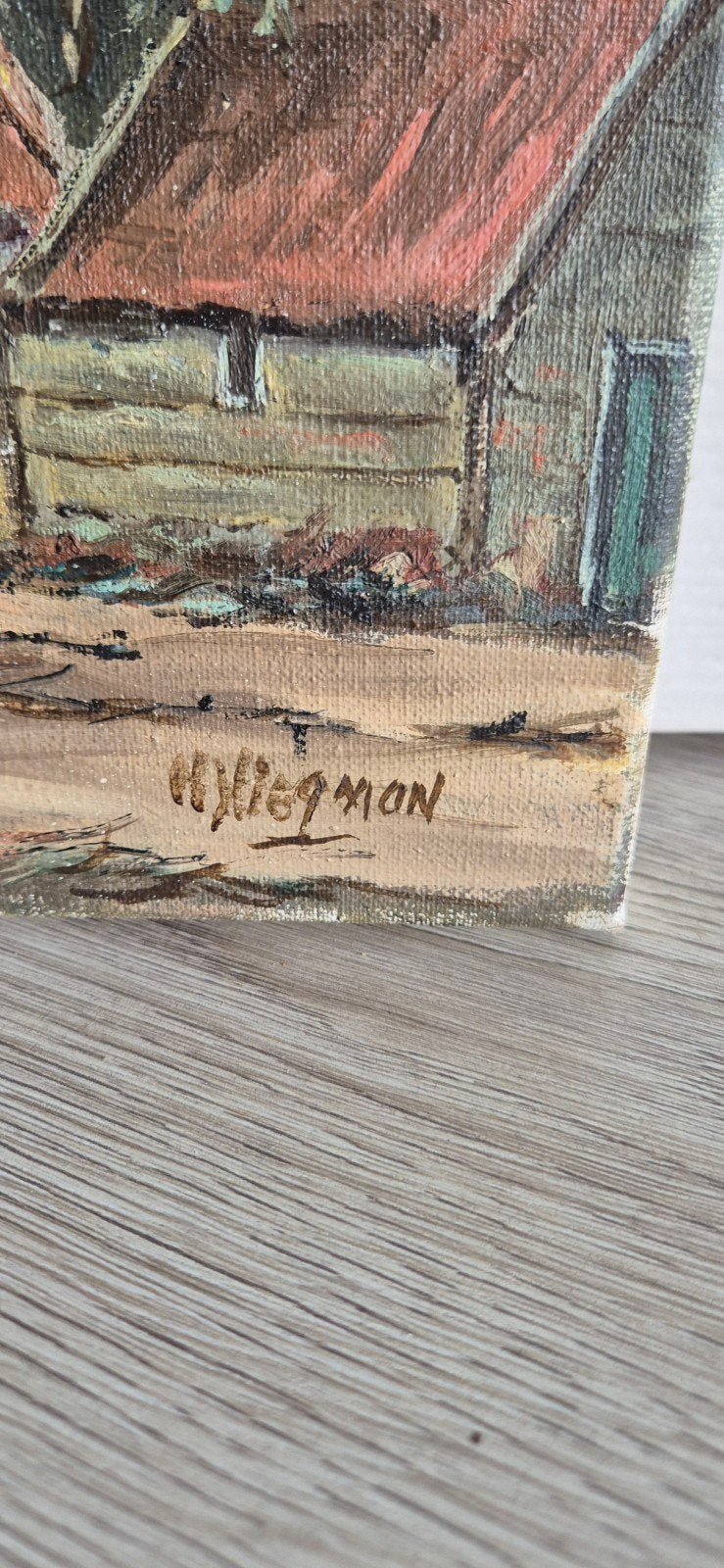 Schilderij H. Wiegman - Boerderijlandschap (30x40 cm), Ophalen, Doek, Olieverf, Gesigneerd