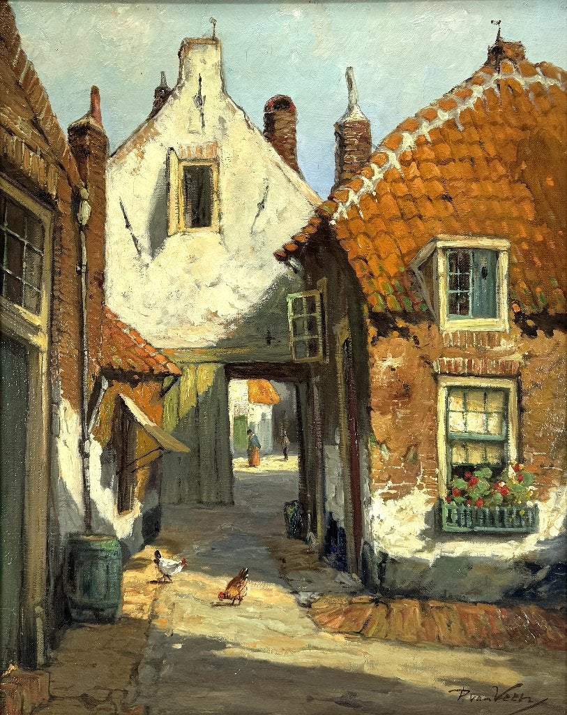 673. Olieverfschilderij, P. van Veen – dorpsgezicht 20e eeuw, Ophalen