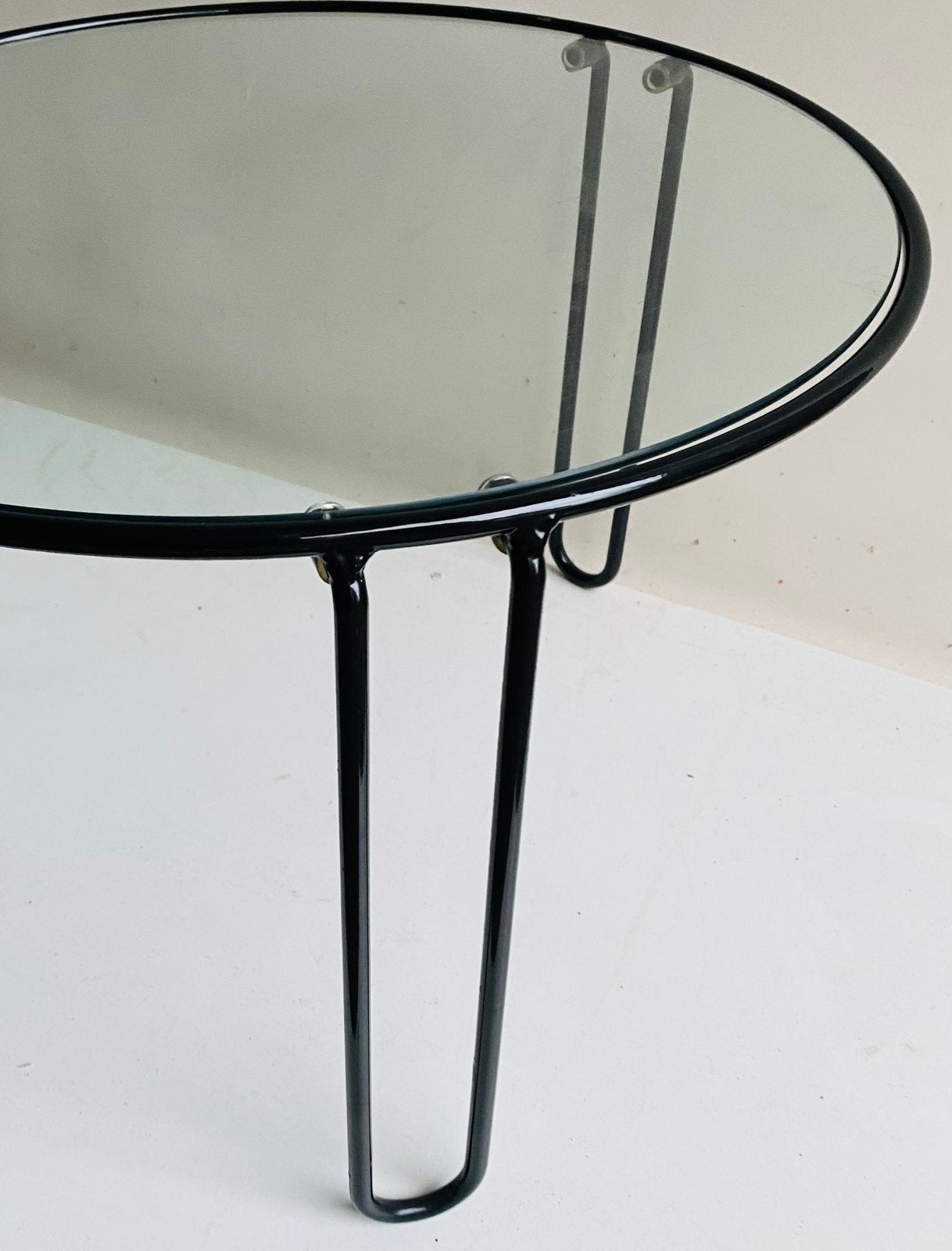 Jaren 80 koffietafel , glazen blad harpin poten, Gebruikt, 50 tot 100 cm, Jaren 80, Glas