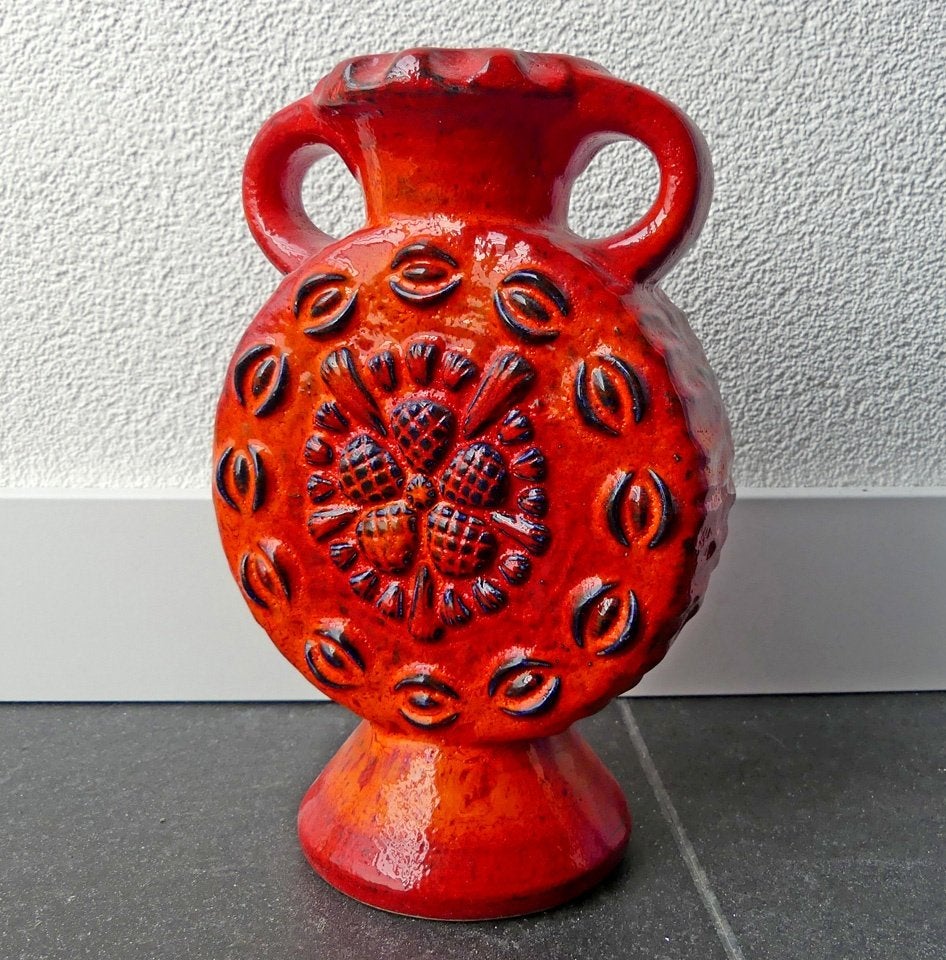 Dümler & Breiden vintage vaas oranje West-Germany relief, Gebruikt, 21 cm, Met patroon/structuur, Oranje