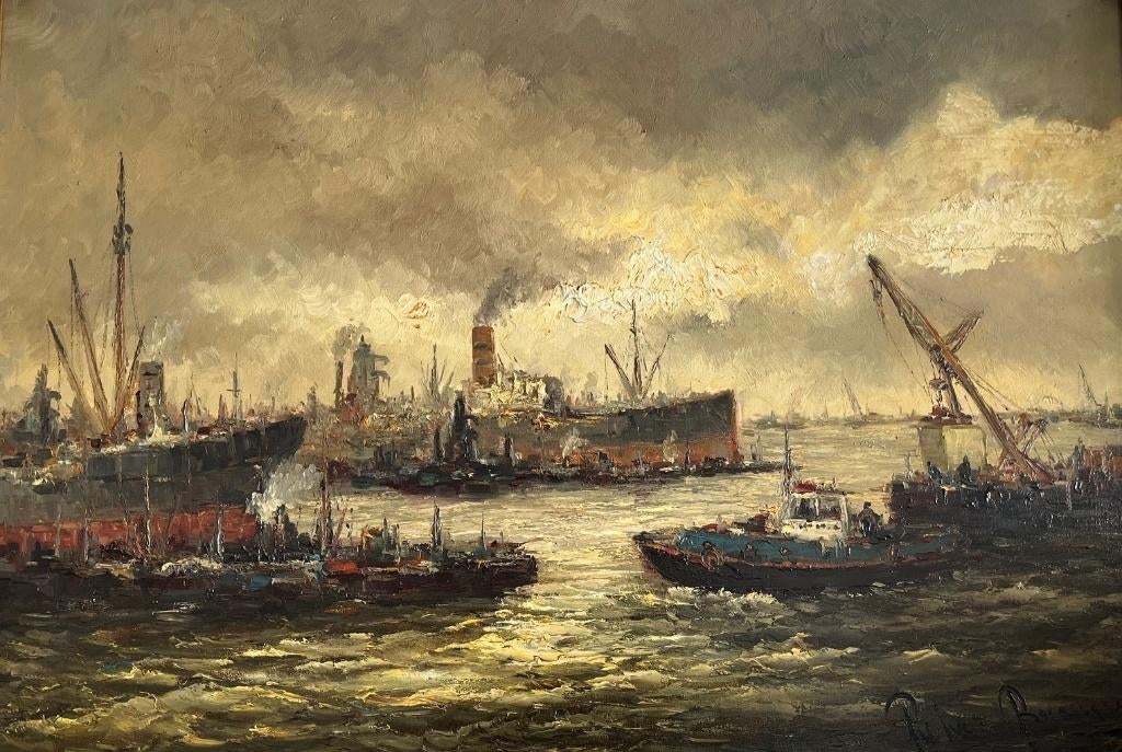 Peter Brouwer, Rotterdams havengezicht, Antiek en Kunst, Kunst | Schilderijen | Klassiek, Ophalen