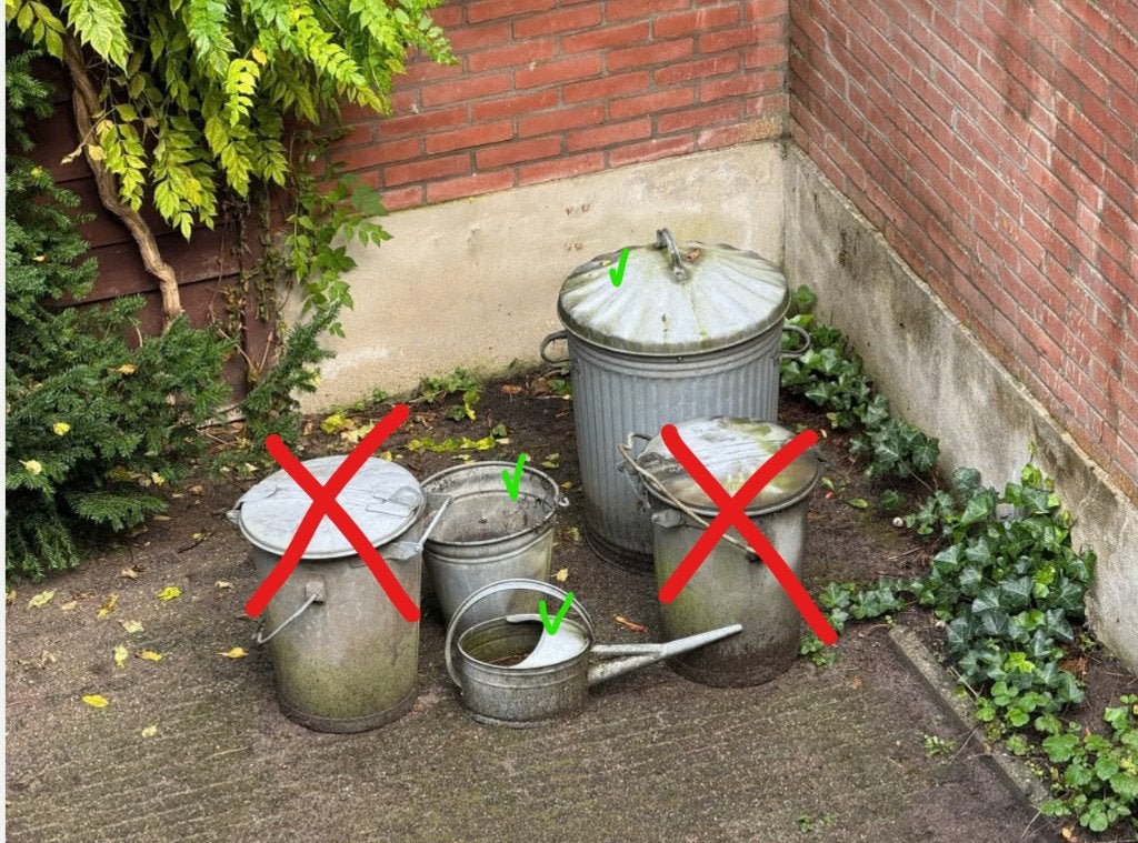 Zinken vuilnisemmer, gieter en emmer, Ophalen