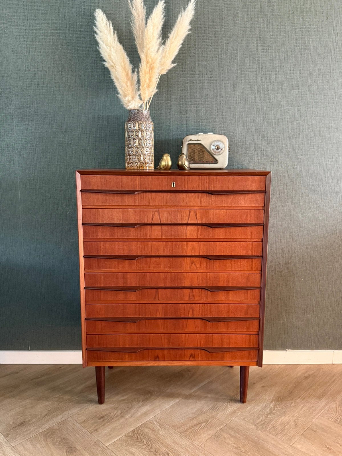 Deense midcentury vintage ladekast in teak, Huis en Inrichting, ...., 5 laden of meer, 100 tot 150 cm, Teakhout