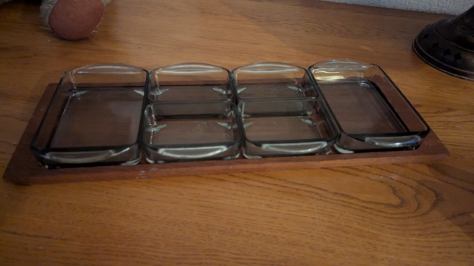 Vintage / retro Glazen schaaltjes set op houten dienblad, Overige typen, Ophalen of Verzenden, Zo goed als nieuw, Glas