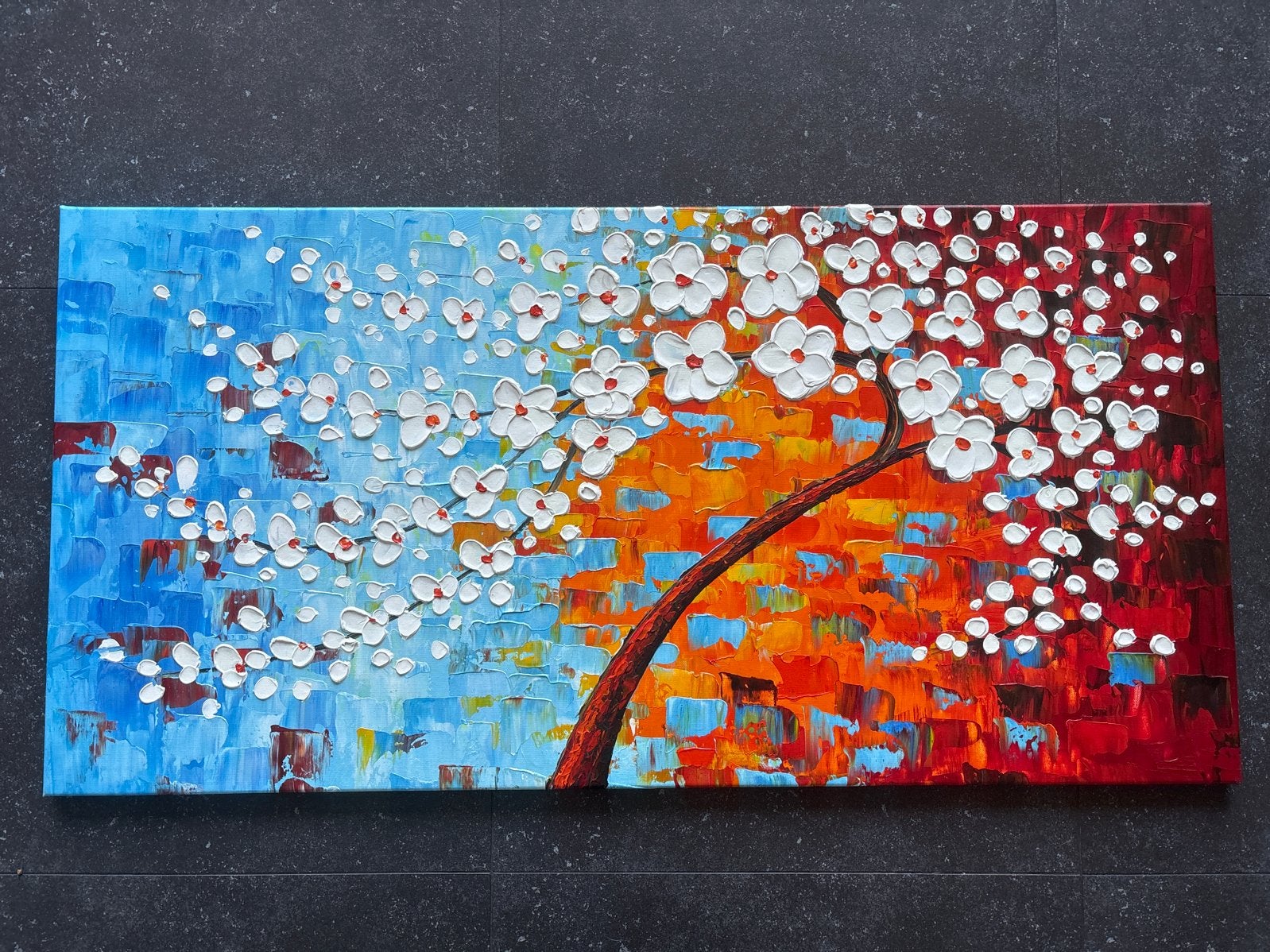 Handgeschilderd schilderij 120x60cm met bloesem, ingelijst, Handgeschilderd, Ophalen of Verzenden, Olieverf, Bloemen