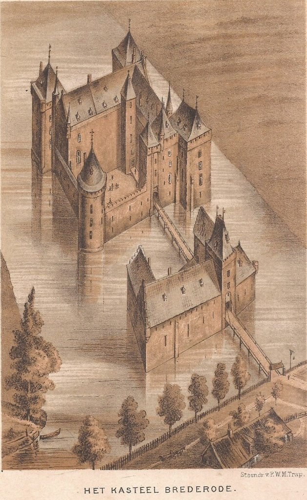 Het Kasteel Brederode steendruk Trap 1883 naar W.J Hofdijk., Antiek en Kunst, Origineel, 1800 - 1899, Architectuur, 19 cm