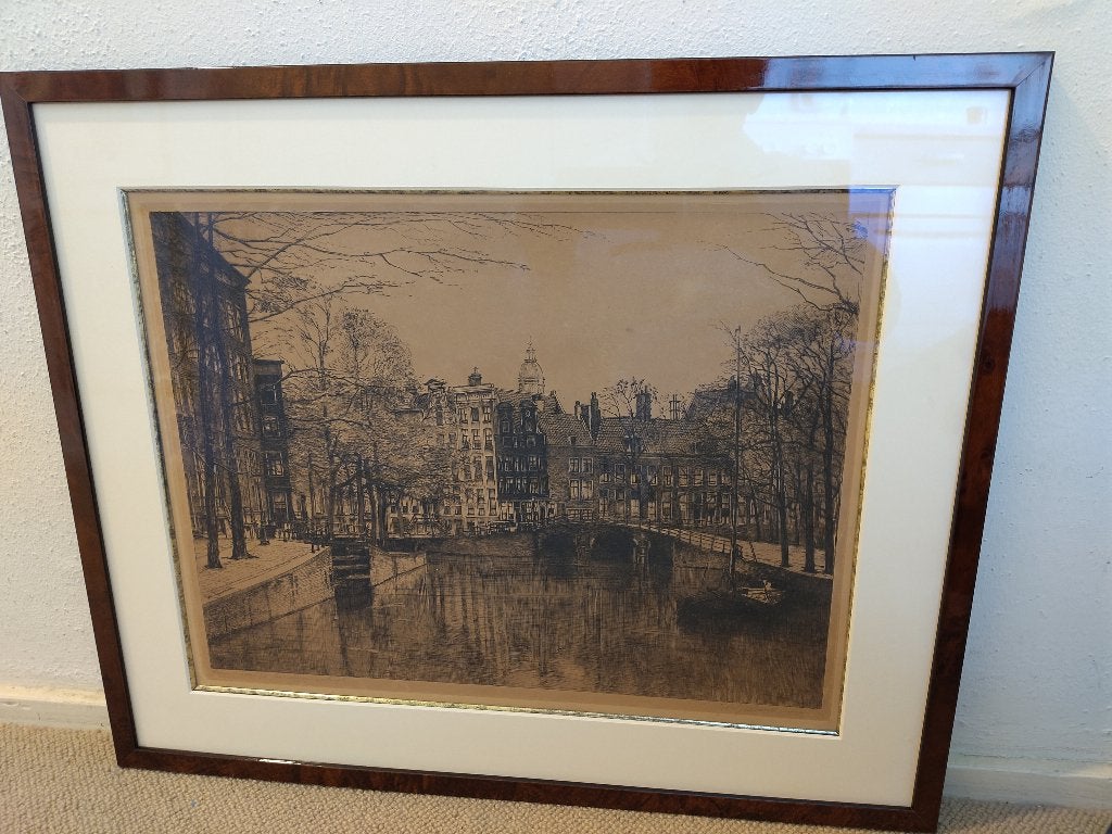 prachtige ets Johannes Josseaud, Antiek en Kunst, Kunst | Etsen en Gravures, Ingelijst, Ets, Stadsgezicht, Ophalen of Verzenden
