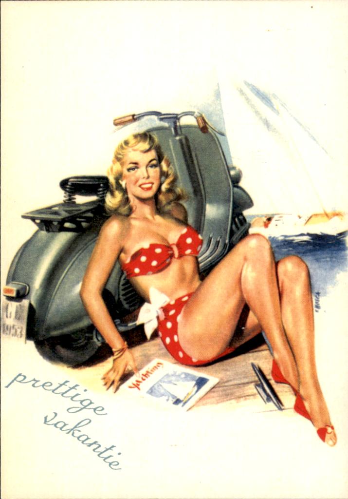 dame in bikini, bij Vespa scooter, Prettige vakantie, Verzenden, 1980 tot heden, Ongelopen, Overige thema's