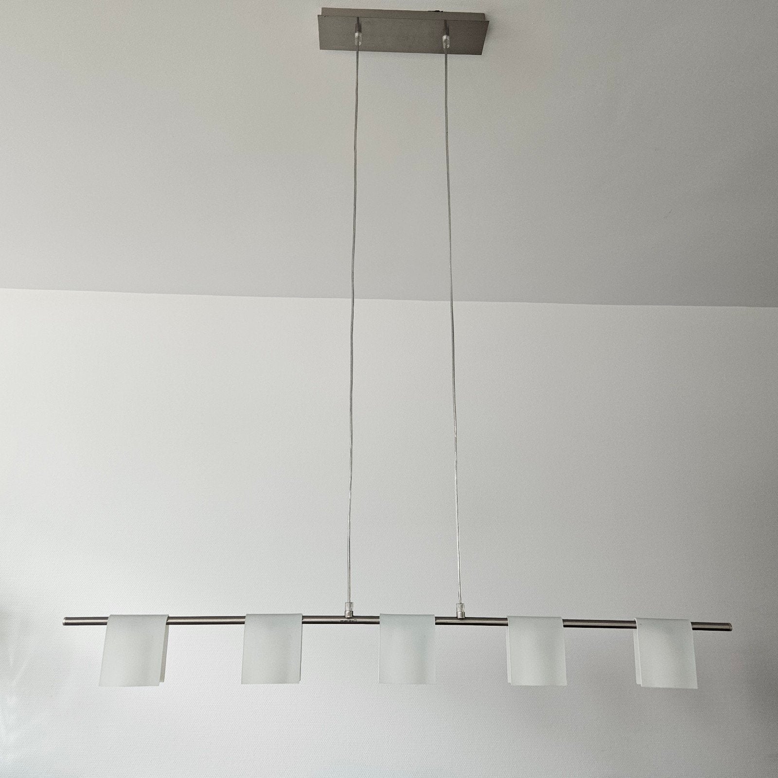 Moderne RVS hanglamp met 5 glazen kappen, Ophalen, Gebruikt, Overige fittingen, Glas