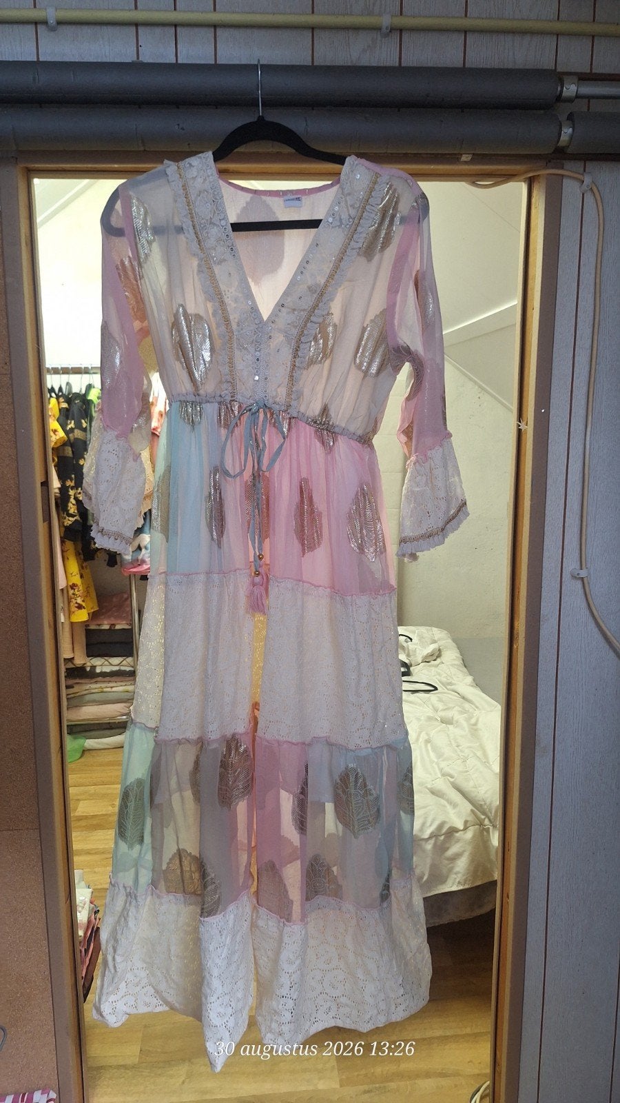 Boho maxi jurk met goudfolie en kant, Kleding | Dames, Meerkleurig, Onder de knie, Ophalen, Maat 38/40 (M)