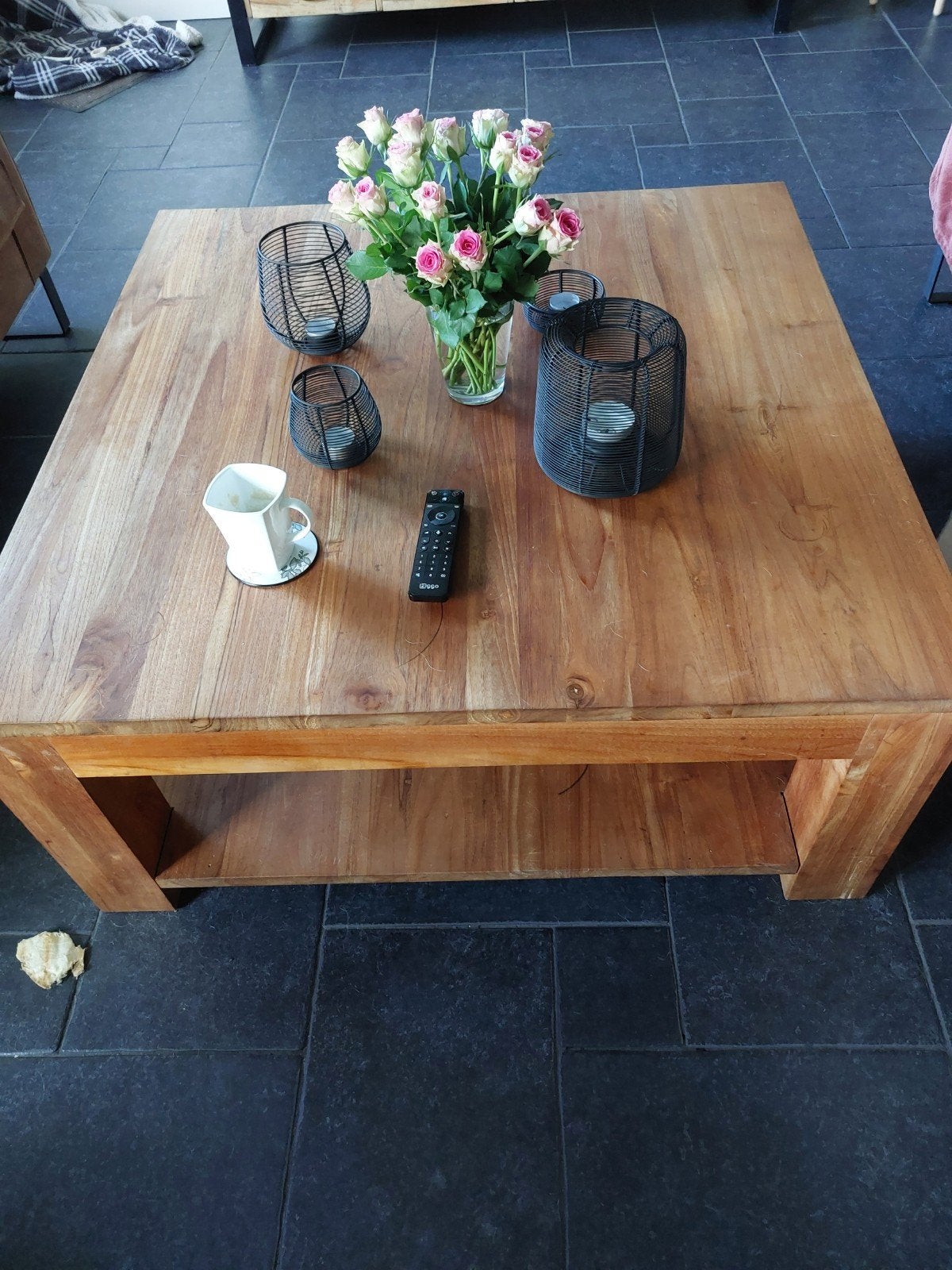 Mooie houten salontafel 100x100x45 cm, Ophalen, Gebruikt, Vierkant, 5 – 50