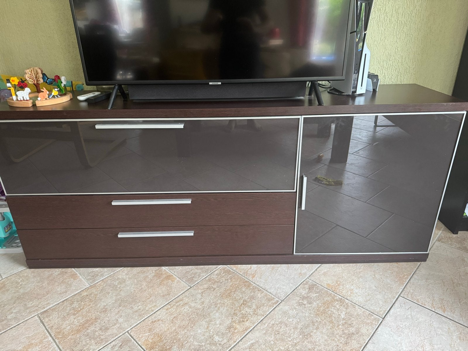 Televisiemeubel 210cm met 2 laden, deur en bar, Ophalen, Gebruikt, 200 cm of meer, Minder dan 100 cm