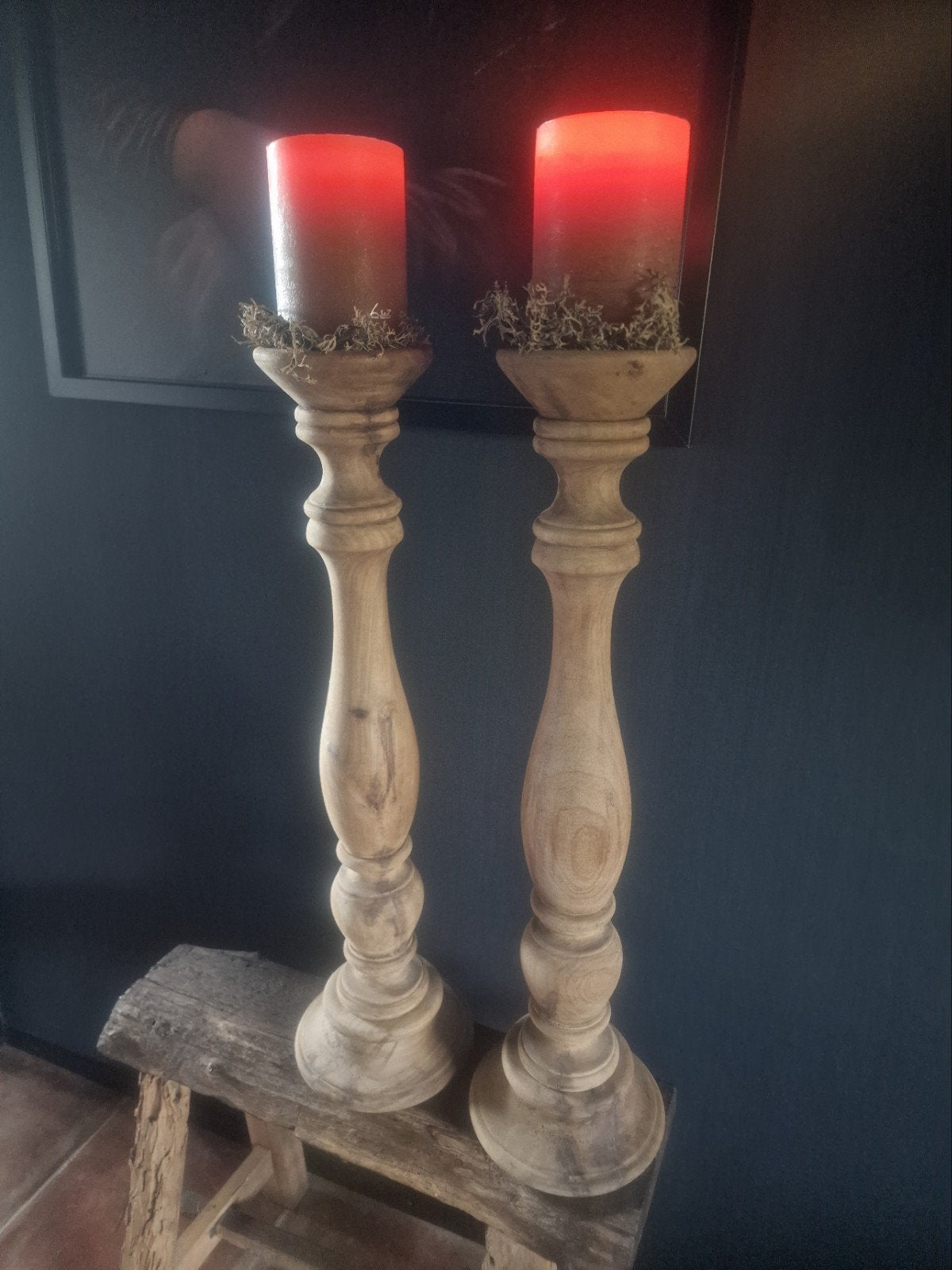 2 grote houten kandelaren H 70 cm, Ophalen, Zo goed als nieuw