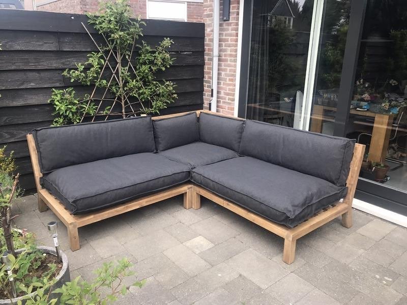 Compleet houten loungeset hoek incl kussens, Ophalen, 5 zitplaatsen, Zo goed als nieuw, Loungeset