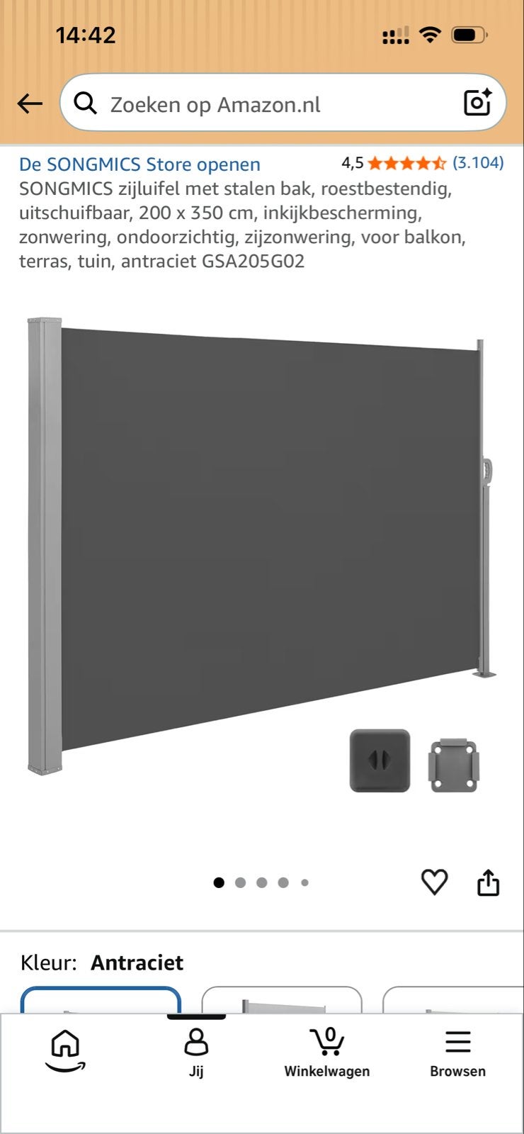 SONGMICS Zijluifel met wandhouder Antraciet, Nieuw in doos, Tuin en Terras, Ophalen, Overige typen, Nieuw, 150 tot 300 cm