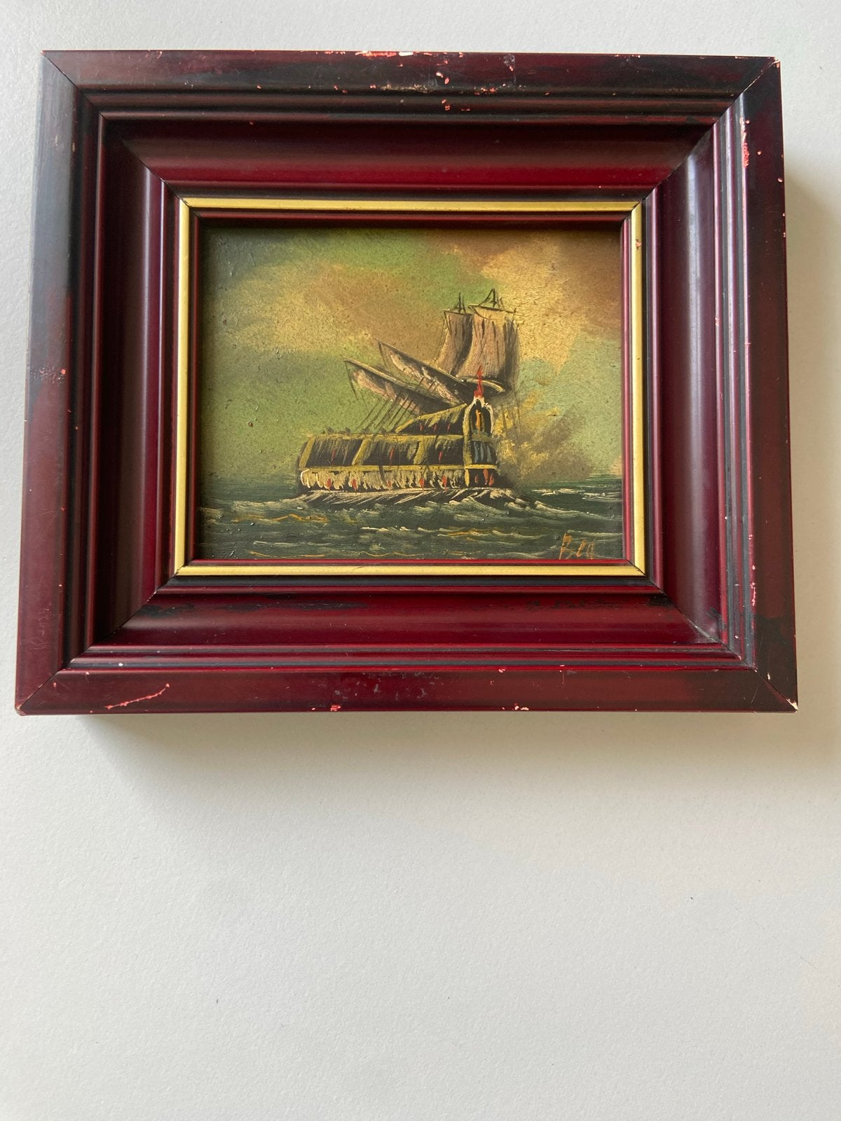 Mini Olieverfschilderij: Zeilschip op zee. Gesigneerd, Ophalen, Oud hollands, Olieverf, Ingelijst