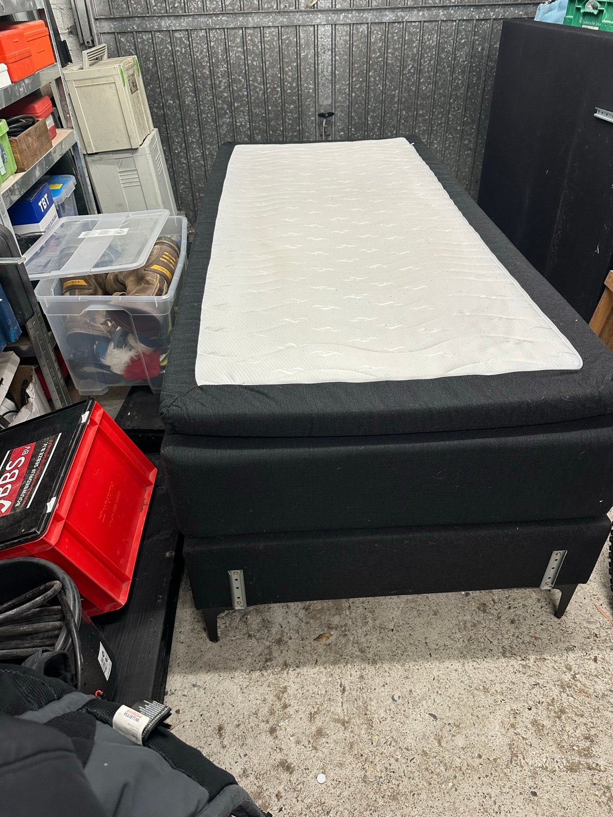Eenpersoons boxspring met hoofdbord gestoffeerd antraciet, Ophalen, Gebruikt, 90 cm, Eenpersoons
