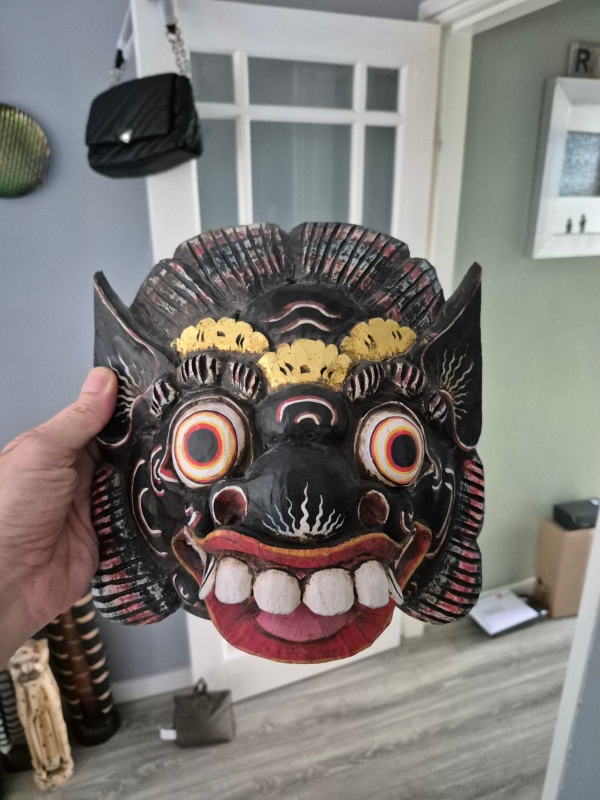 Handgesneden Balinees Barong masker - Houtsnijwerk, Hout, Handgemaakt, Masker, Ophalen of Verzenden