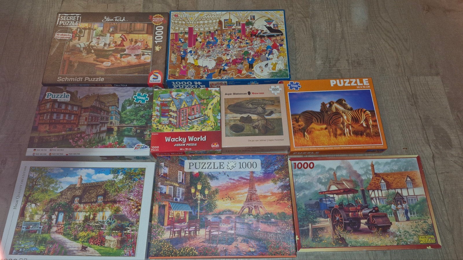 Grote collectie van 9 diverse legpuzzels (1000 stukjes), Ophalen of Verzenden, 500 t/m 1500 stukjes, Gebruikt, Legpuzzel