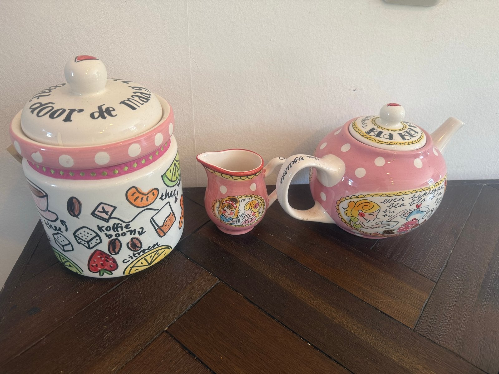 Blond Amsterdam theepot, melkkan en voorraadpot, Gebruikt, Keramiek, Ophalen of Verzenden, Theepot