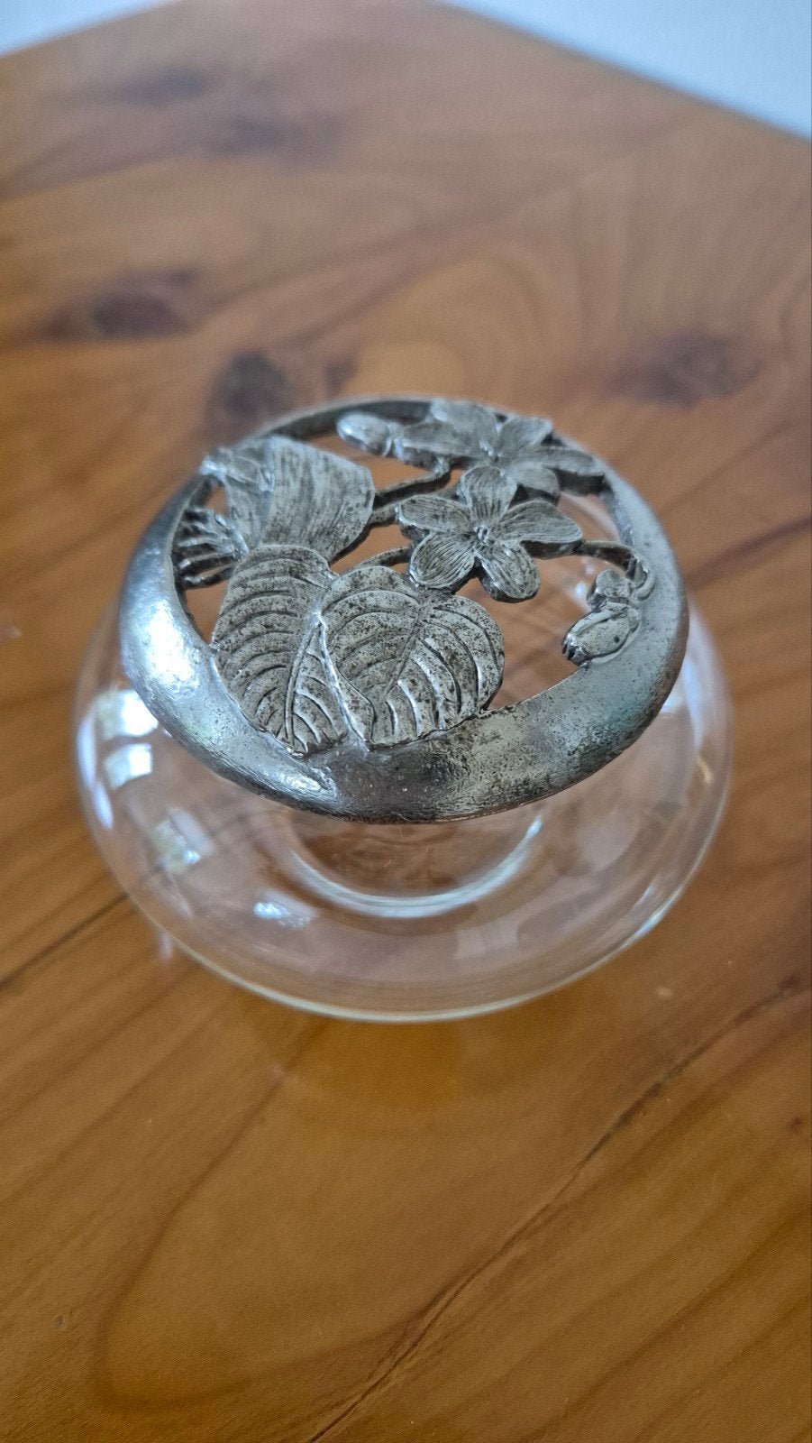 Vintage glazen potje met tinnen deksel, Huis en Inrichting, Ophalen of Verzenden, Rond, Glas
