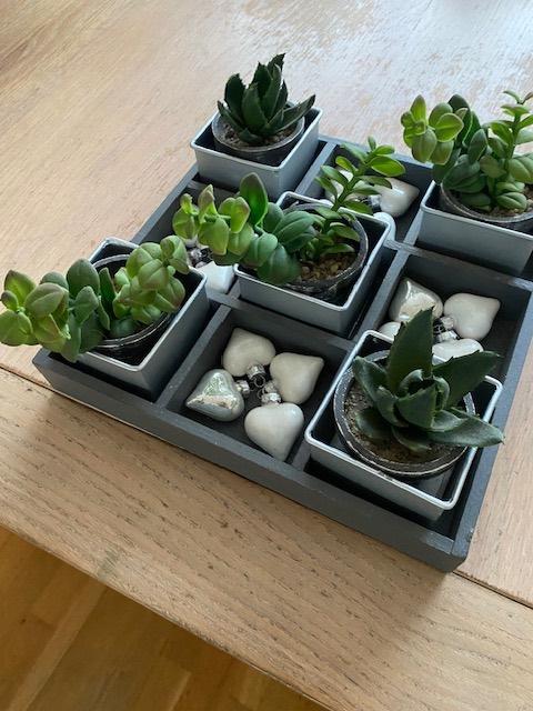 decoratie; houten bak met kunst plantjes etc., Huis en Inrichting, Ophalen of Verzenden, Zo goed als nieuw