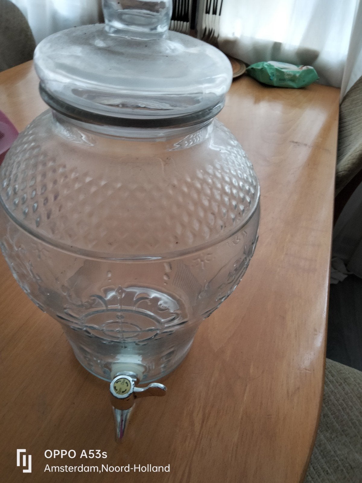 Glazen drankdispenser met kraantje, Gebruikt, Transparant, Met deksel, Ophalen of Verzenden