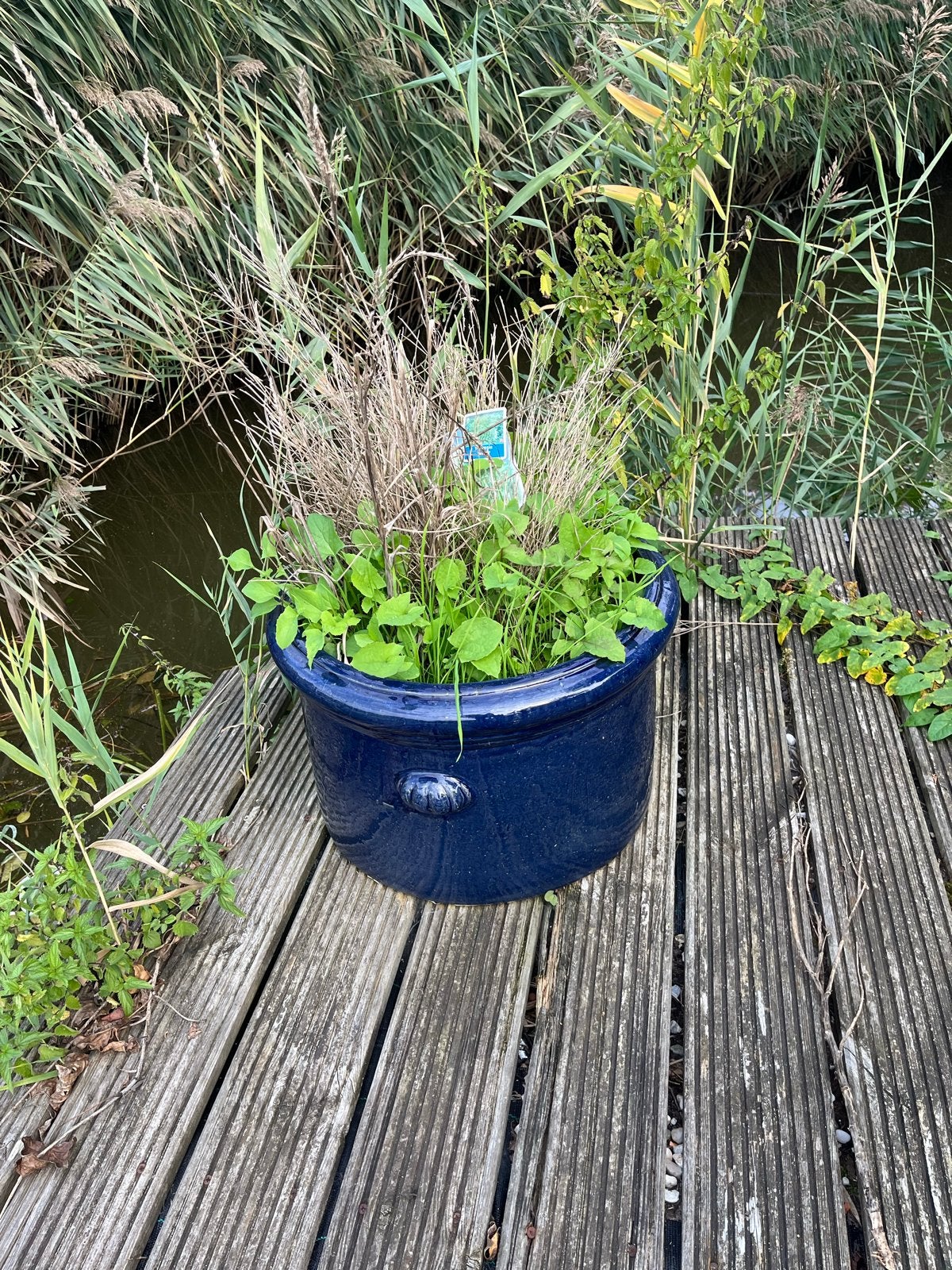 Blauwe bloempot van keramiek 2x, Ophalen, Overige materialen, Gebruikt, Minder dan 60 cm