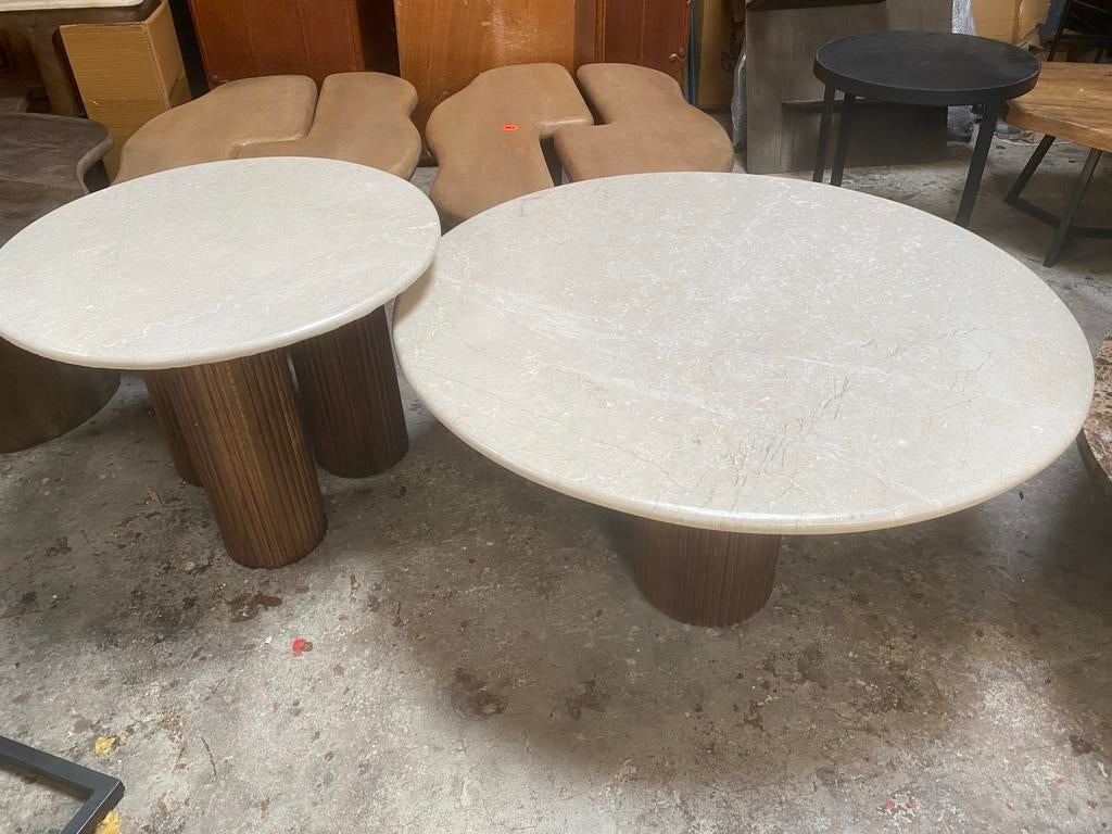 Bijzettafel set 90&60cm echt beige marmer mangohout, Ophalen, Minder dan 45 cm, Rond, Nieuw