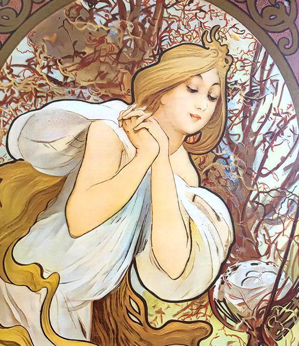 ALPHONSE MUCHA de Seizoenen Lente Metalen Wandbord, Antiek en Kunst, Verzenden
