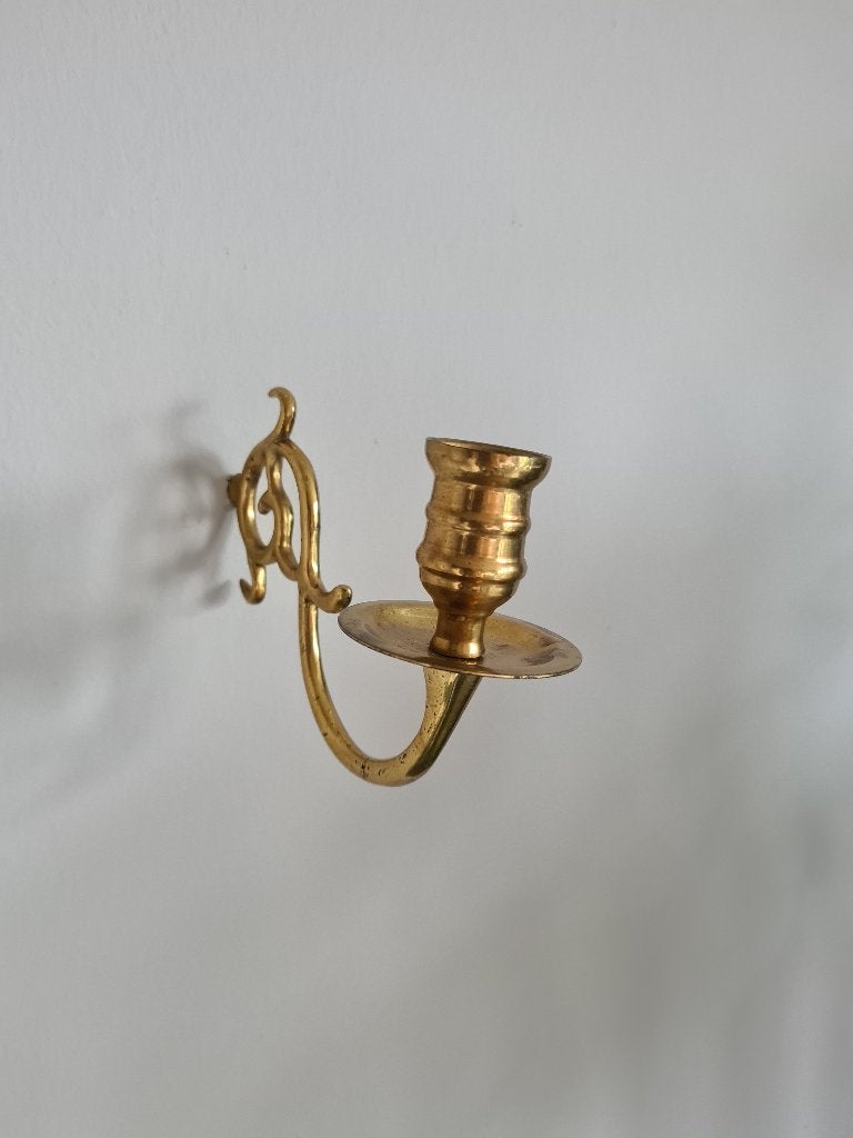Oude messing pianokandelaar met lier, wandkandelaar antiek, Antiek en Kunst, Ophalen of Verzenden, Koper of Brons