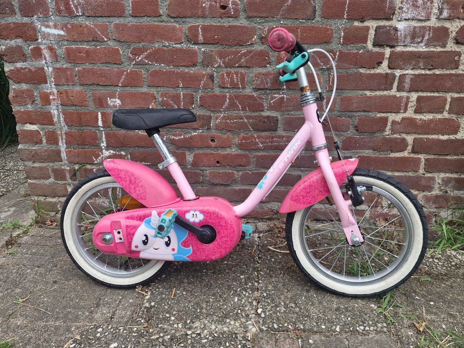 B'TWIN meisjesfiets 14 inch roze, Ophalen, Zijwieltjes, Gebruikt, Minder dan 16 inch