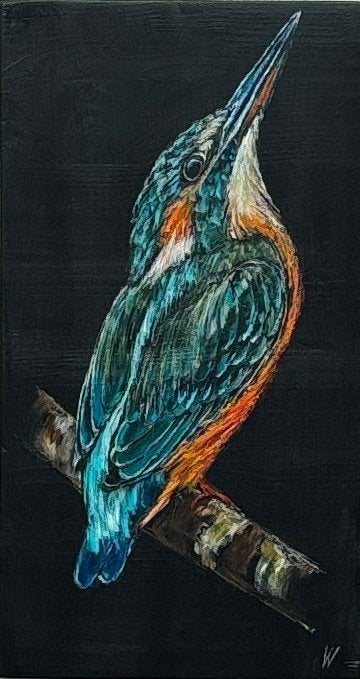 Schilderij ijsvogel op hout, Acrylverf, Hout, Handgeschilderd, Ophalen of Verzenden