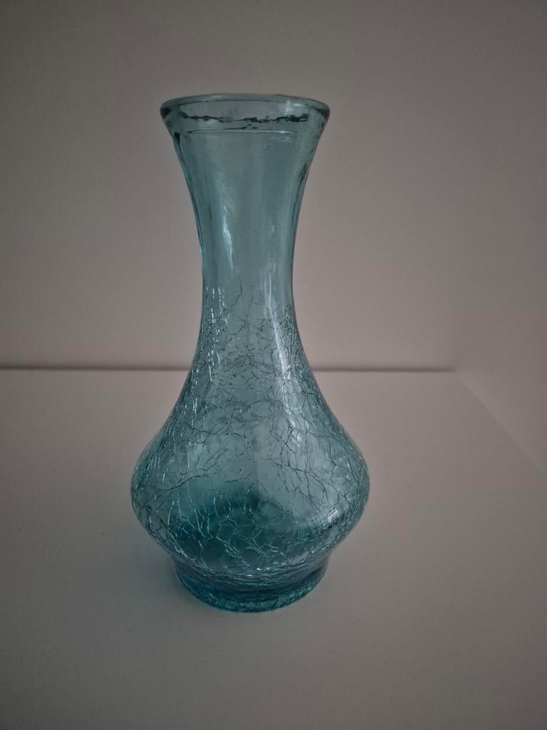 Blauwe craquelé glazen vaas, Huis en Inrichting, Woonaccessoires | Vazen, Gebruikt, Blauw, Ophalen of Verzenden, Glas