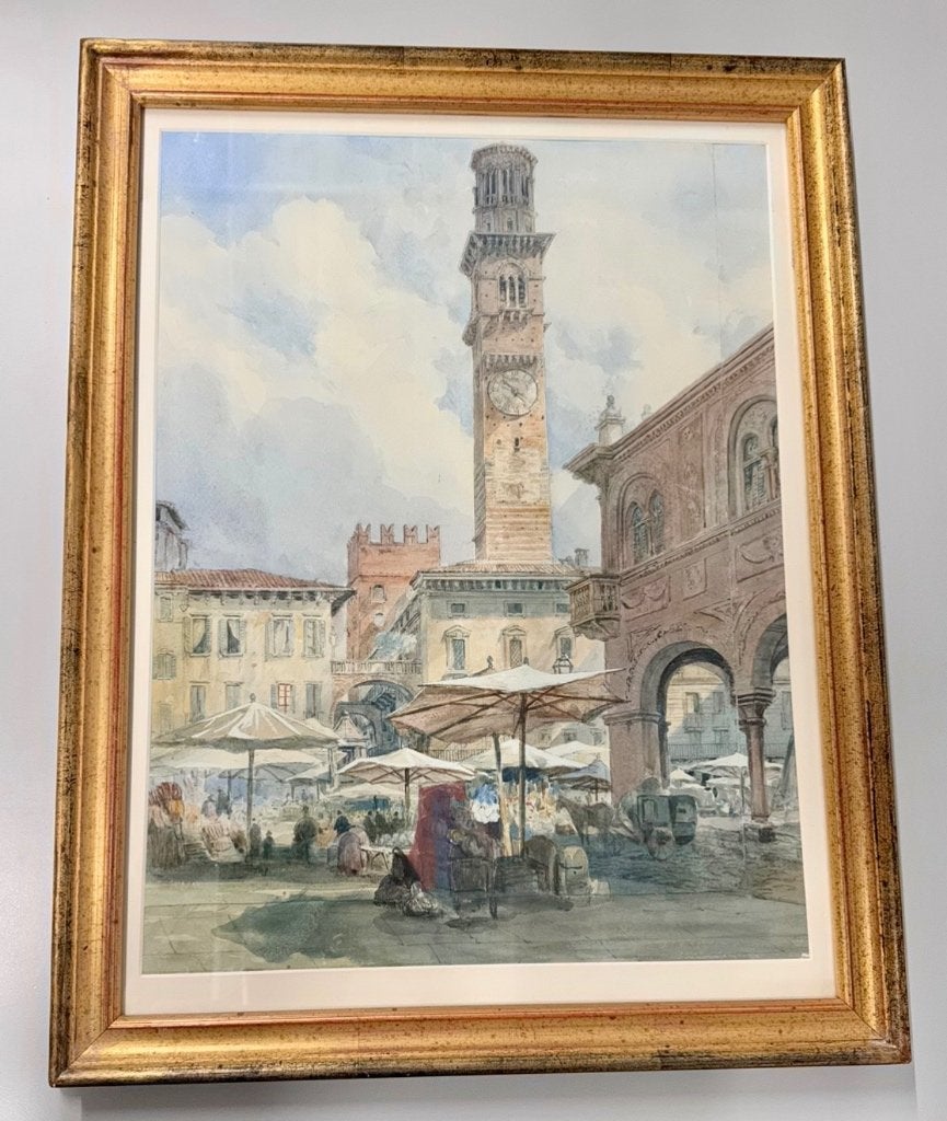 Antiek Louis Laurent Raze 1805-1873 Piazza delle Erbe italy, Ophalen of Verzenden, Aquarel, Bijzondere lijst, Papier