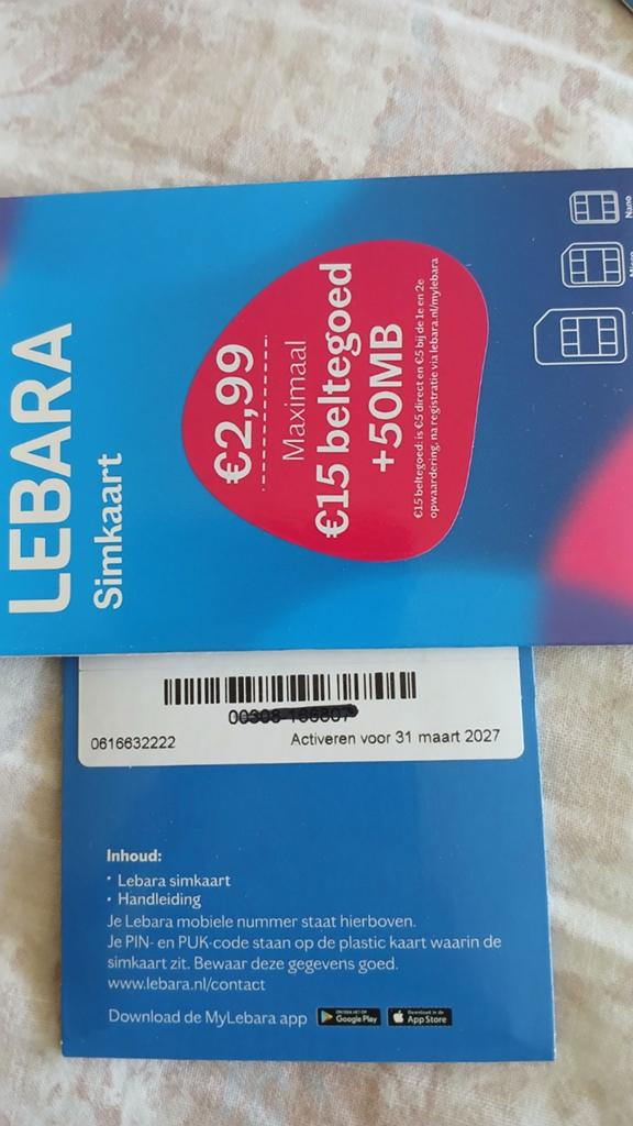 MOOI NUMMER LEBARA PREPAID 0616632222, Telecommunicatie, Prepaidkaarten en Simkaarten, Nieuw, Simkaart, KPN, Ophalen of Verzenden
