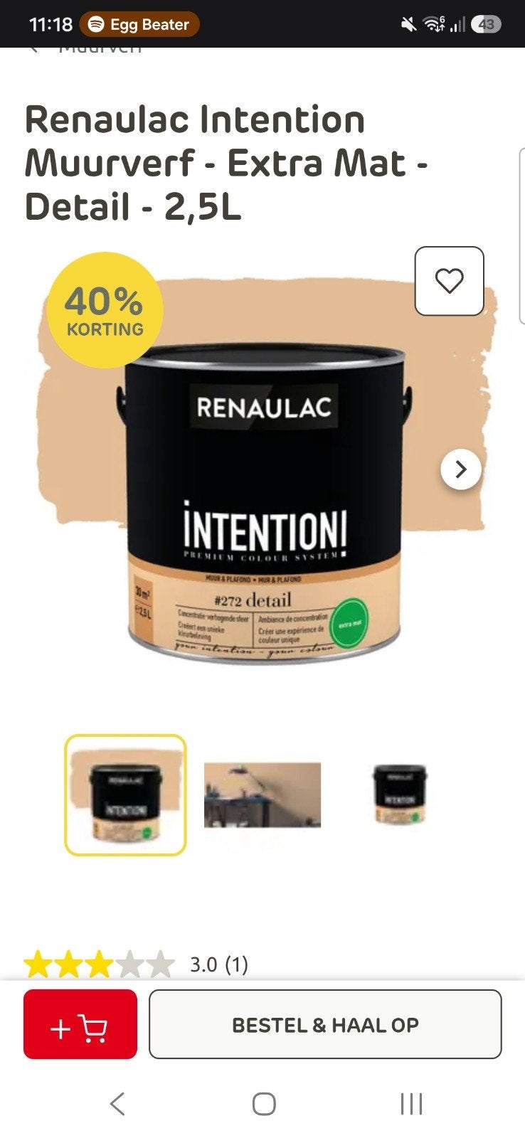 Renaulac Intention Muurverf Extra Mat #272 Detail 2,5L, Ophalen, Overige kleuren, Nieuw, Verf
