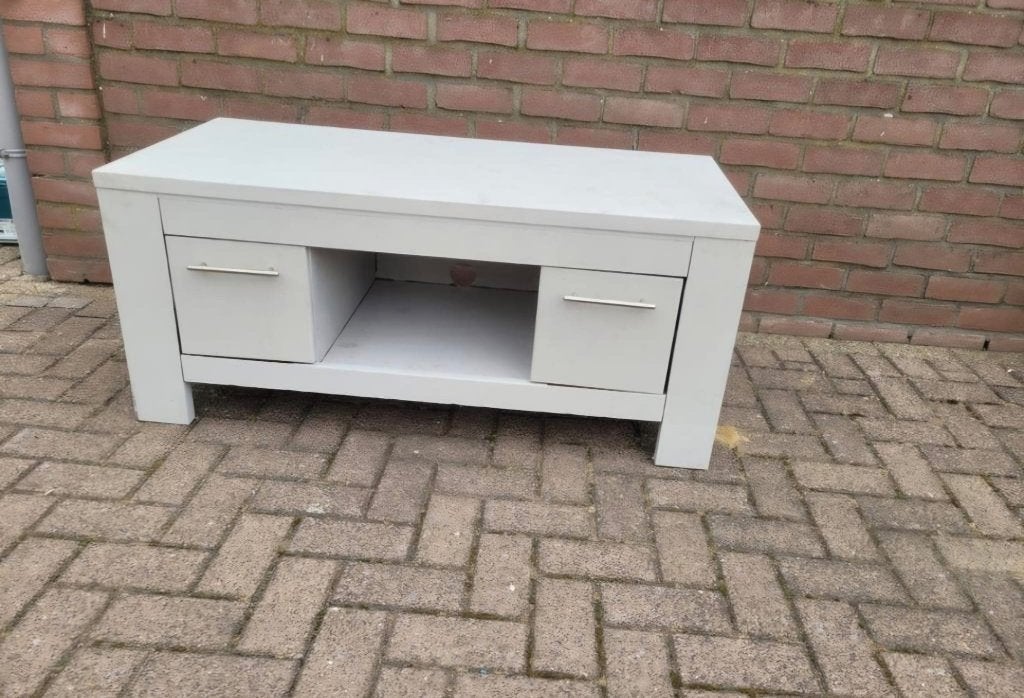 Grijze TV-meubel met lades en open vak, Ophalen, Gebruikt, 100 tot 150 cm, Minder dan 100 cm