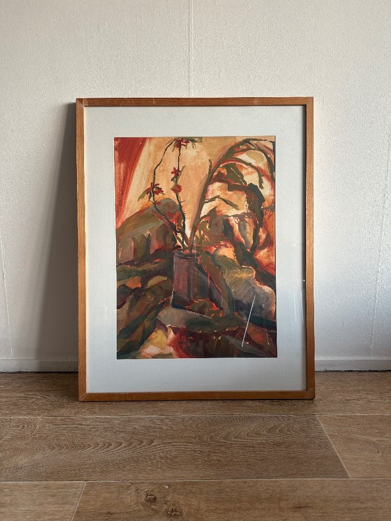 Vintage bloemenschilderij gesigneerd orginele lijst, Ophalen of Verzenden, Vintage, Origineel werk, Bloemen