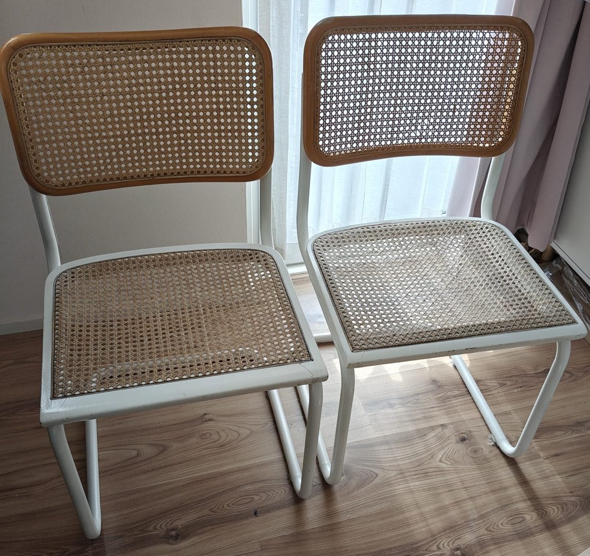 2 stoelen met webbing zitting en rugleuning (vintage), Huis en Inrichting, Ophalen, Gebruikt, Twee, Wit