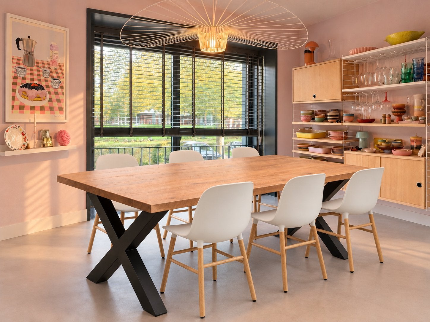 Eettafel eiken + 6 Normann Copenhagen chairs + Vertigo lamp, Ophalen, Gebruikt