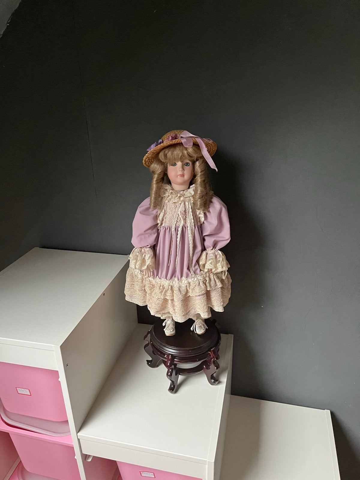 Vintage Porseleinen Pop met Roze Jurk en Hoed, Ophalen, Gebruikt, Pop