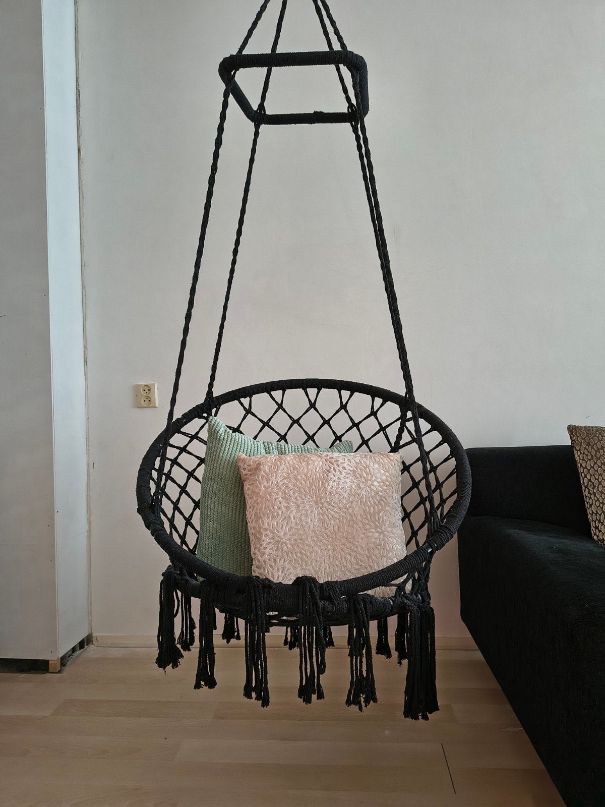 Zwarte macramé hangstoel inclusief ketting en ophangoog, Ophalen, Zwart, Zo goed als nieuw, Boho, Modern