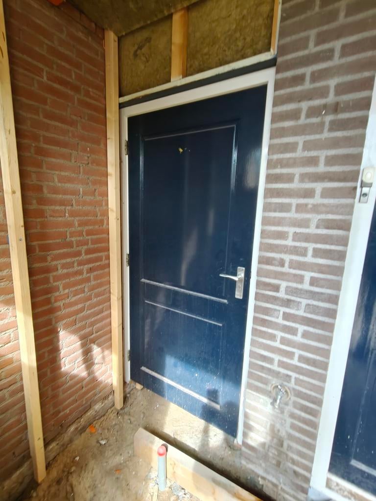 Donkerblauwe buitendeur met glas, Doe-het-zelf en Verbouw, Deuren en Horren, Ophalen, Gebruikt, 80 tot 100 cm, Buitendeur