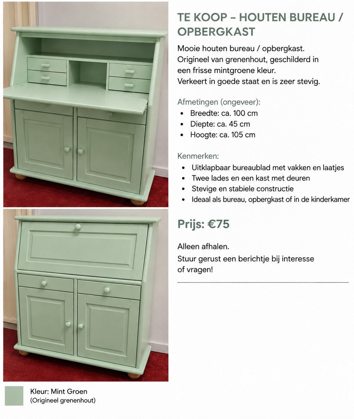 Mooi en stevig grenenhouten bureau/ secretaire, Ophalen, Met lades, Groen, Gebruikt