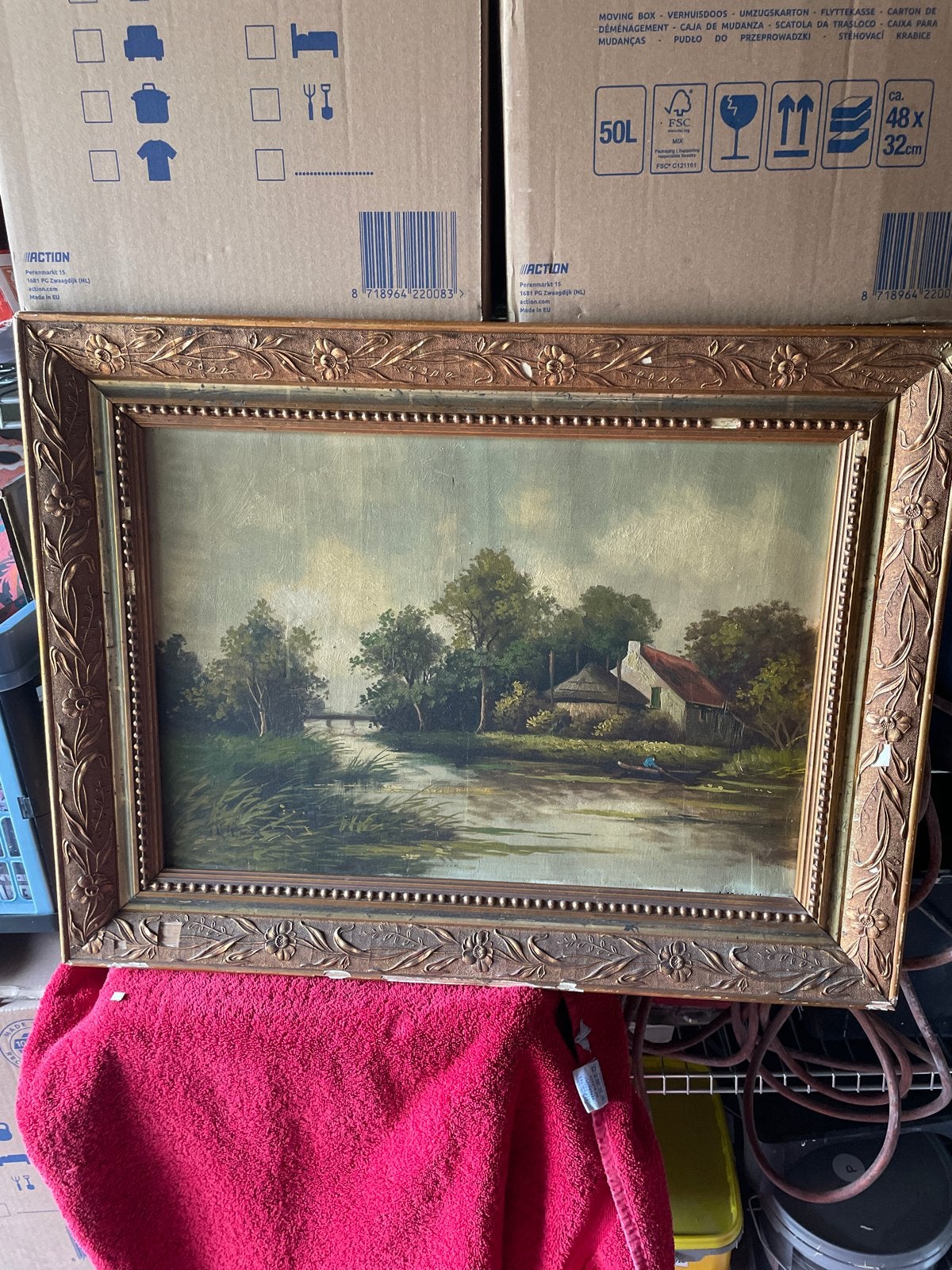 Oud Hollands Landschap Schilderij met Boerderij en Rivier, Ophalen, Doek, Landschap, Olieverf