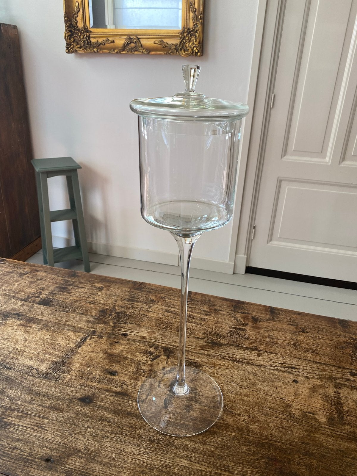 Brocante hoge glazen bokaal op smalle voet - 64 cm, Ophalen